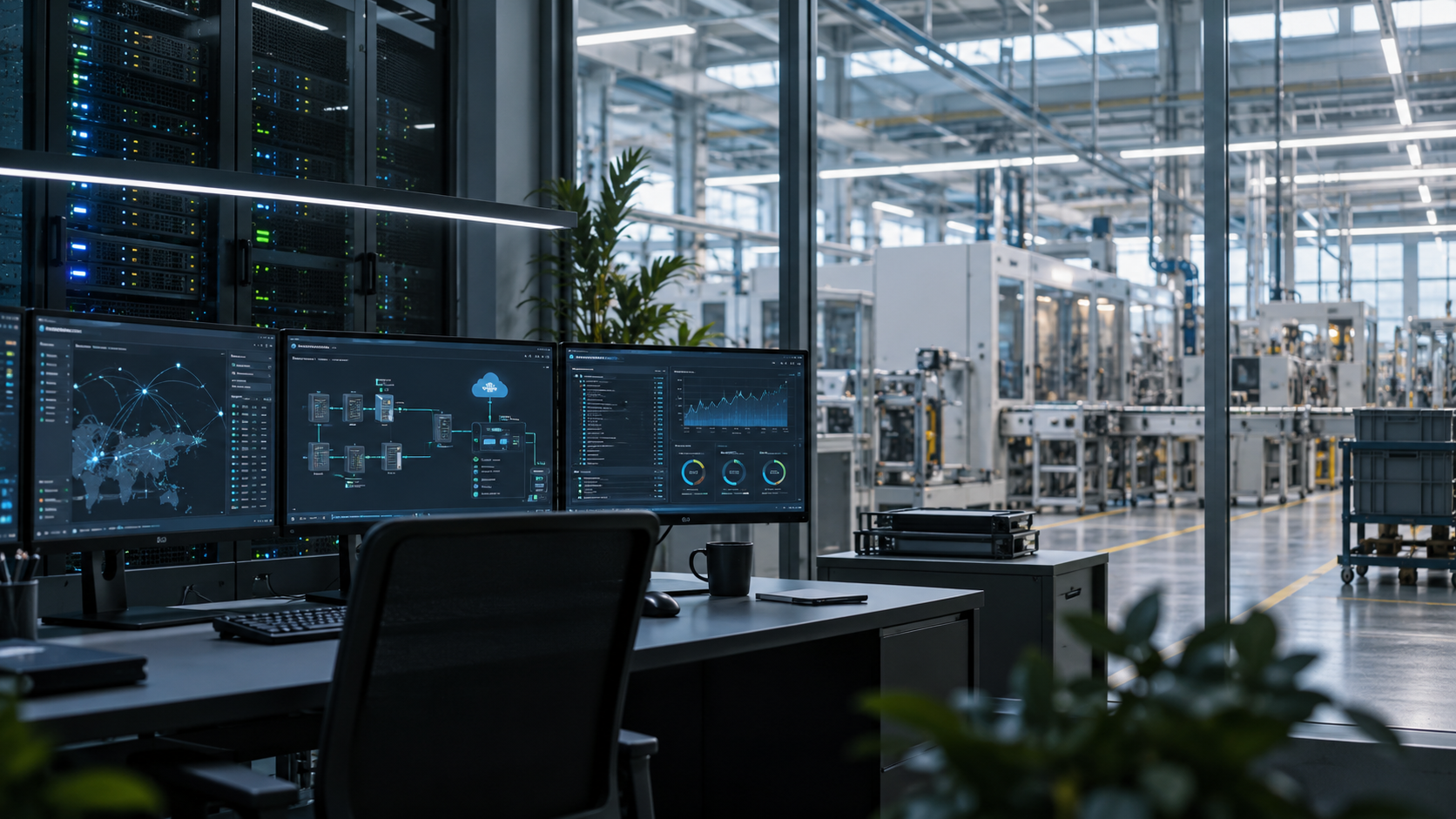 Kontrollzentrum mit Blick in eine automatisierte Produktionsumgebung
