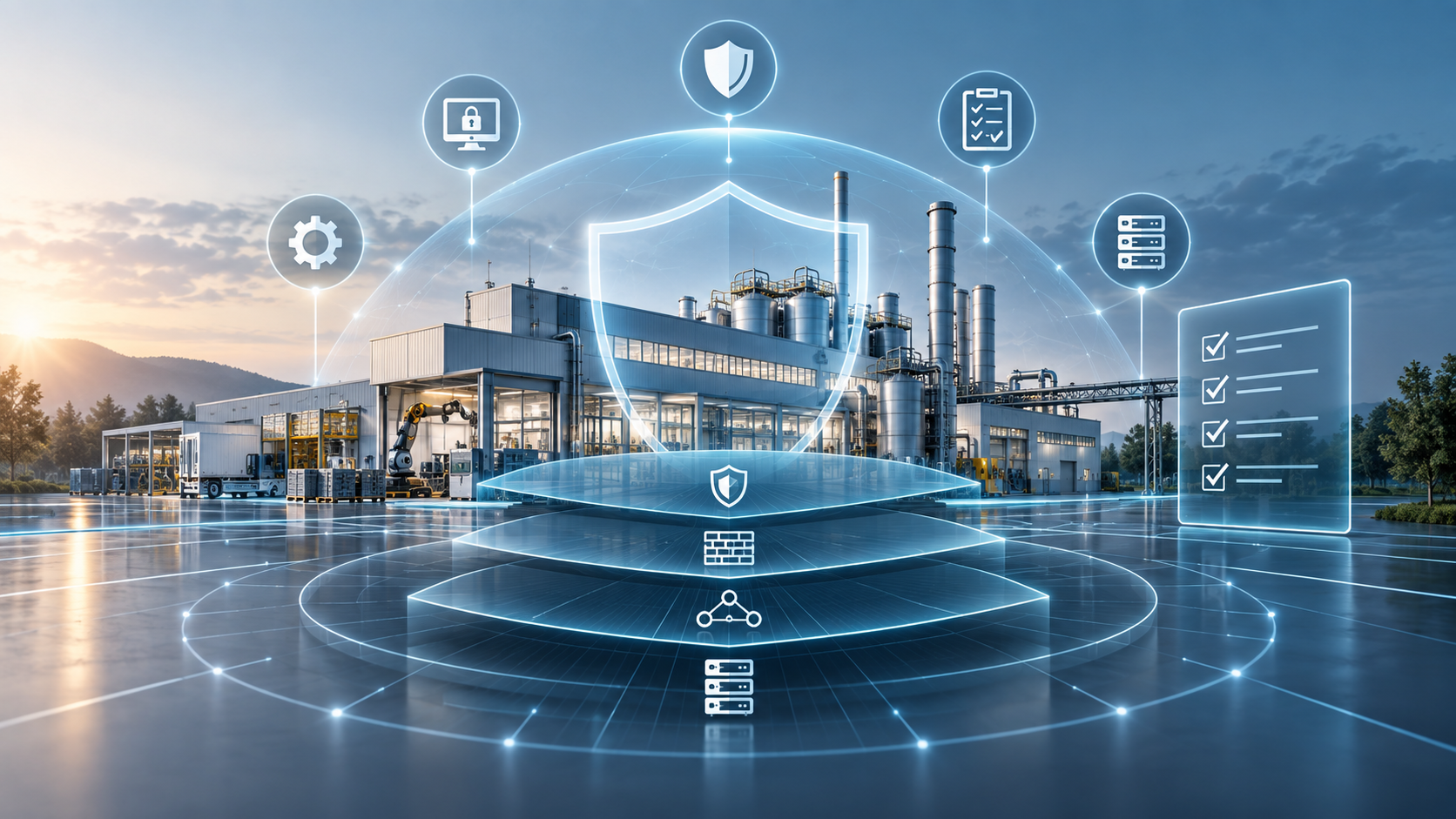 Darstellung von industrieller Cybersecurity mit Schutzschild
