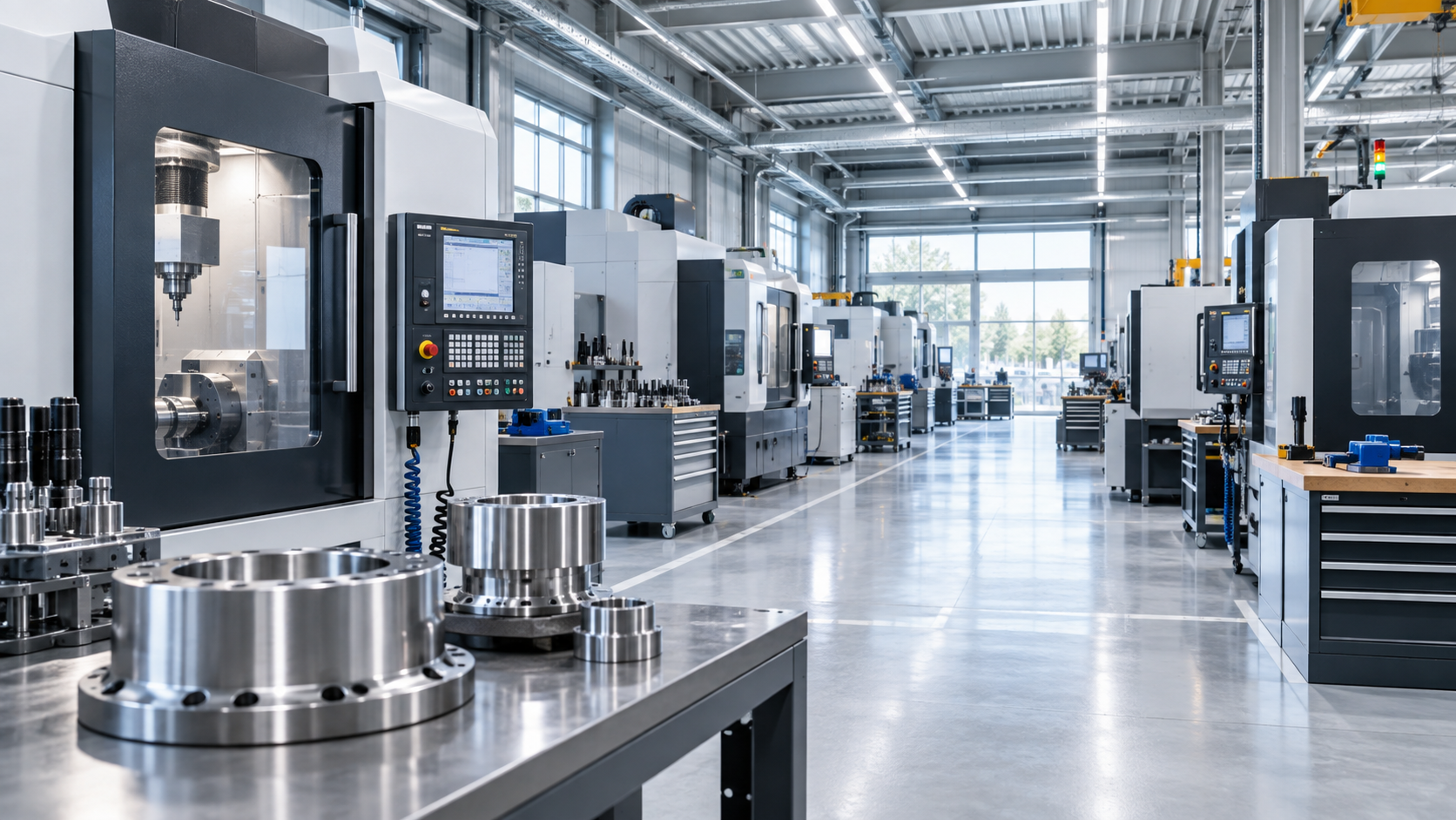 Moderne Fertigungshalle mit CNC-Maschinen