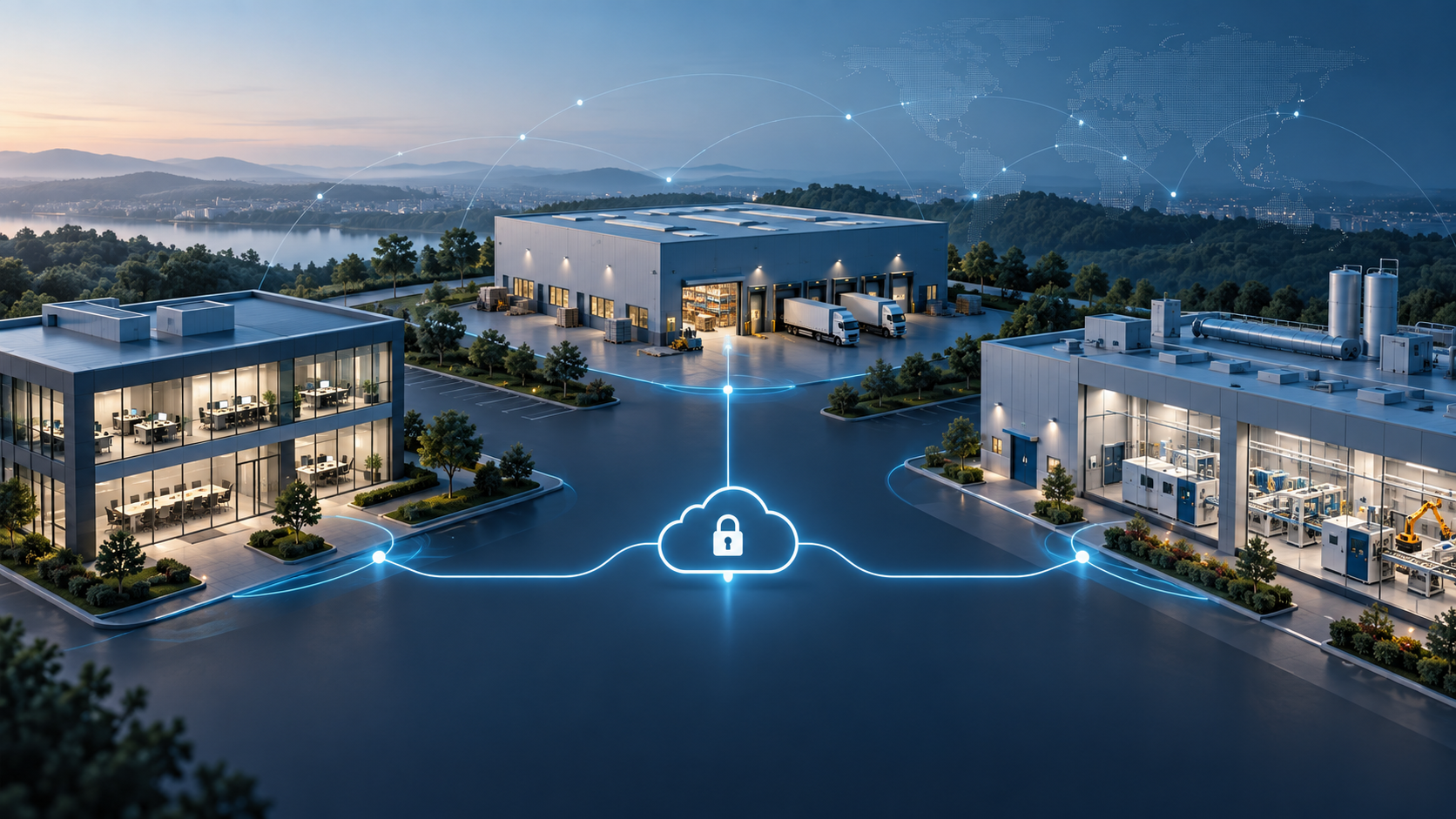 Darstellung eines vernetzten Industriecampus mit sicherer Cloud